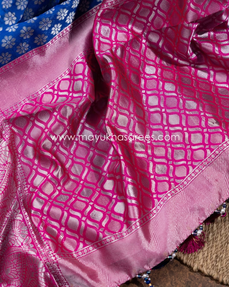 Blue and Pink Banarasi Silk Saree with Stitched Blouse