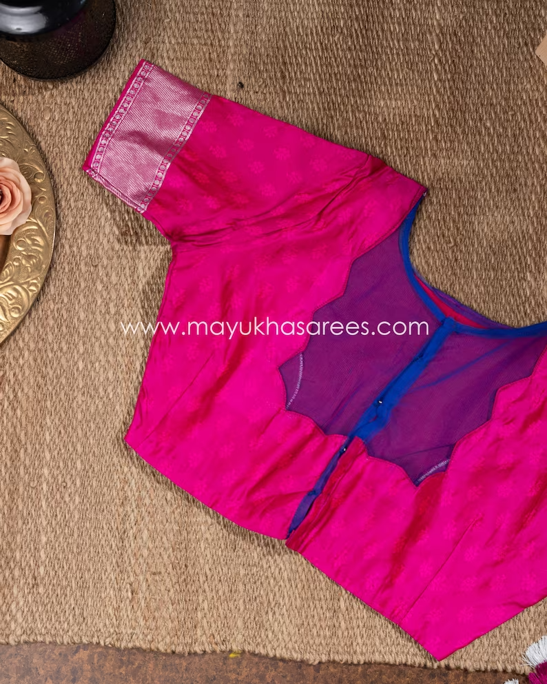 Blue and Pink Banarasi Silk Saree with Stitched Blouse