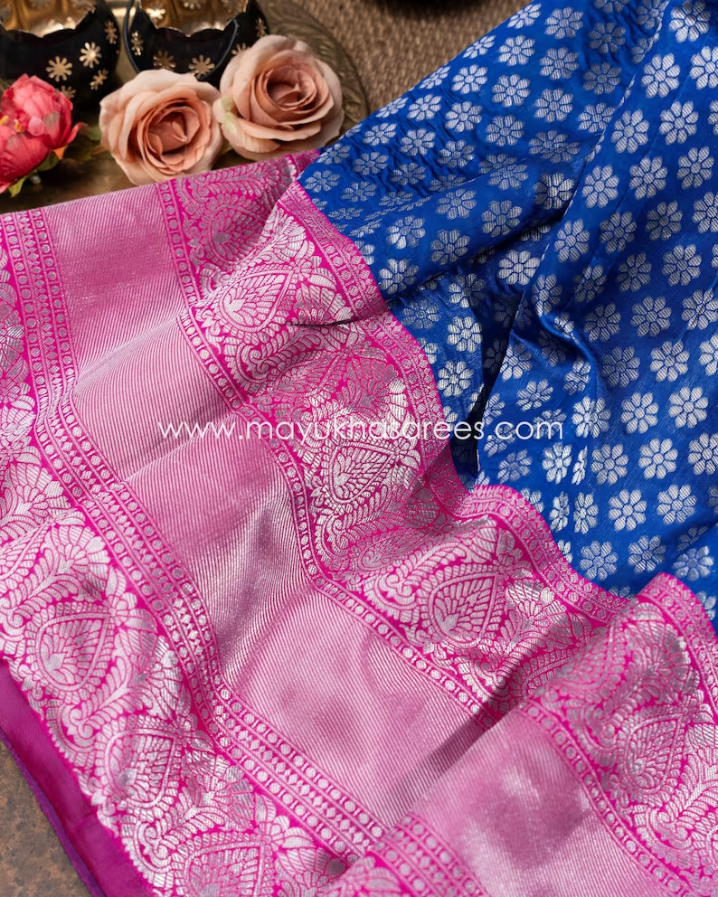 Blue and Pink Banarasi Silk Saree with Stitched Blouse