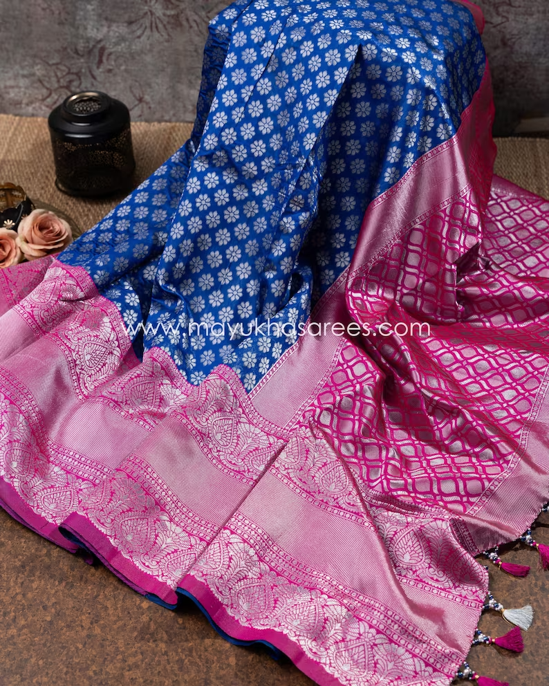 Blue and Pink Banarasi Silk Saree with Stitched Blouse