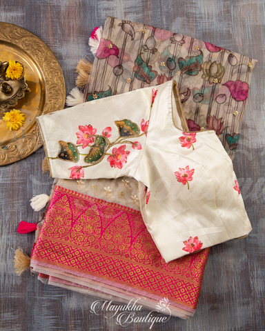 Banarasi Kora Off White Saree With Stitched Blouse In Size 38-44