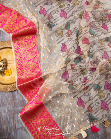 Banarasi Kora Off White Saree With Stitched Blouse In Size 38-44