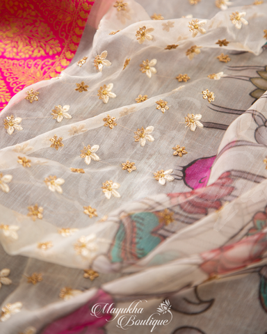 Banarasi Kora Off White Saree With Stitched Blouse In Size 38-44
