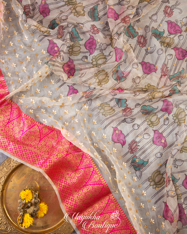 Banarasi Kora Off White Saree With Stitched Blouse In Size 38-44