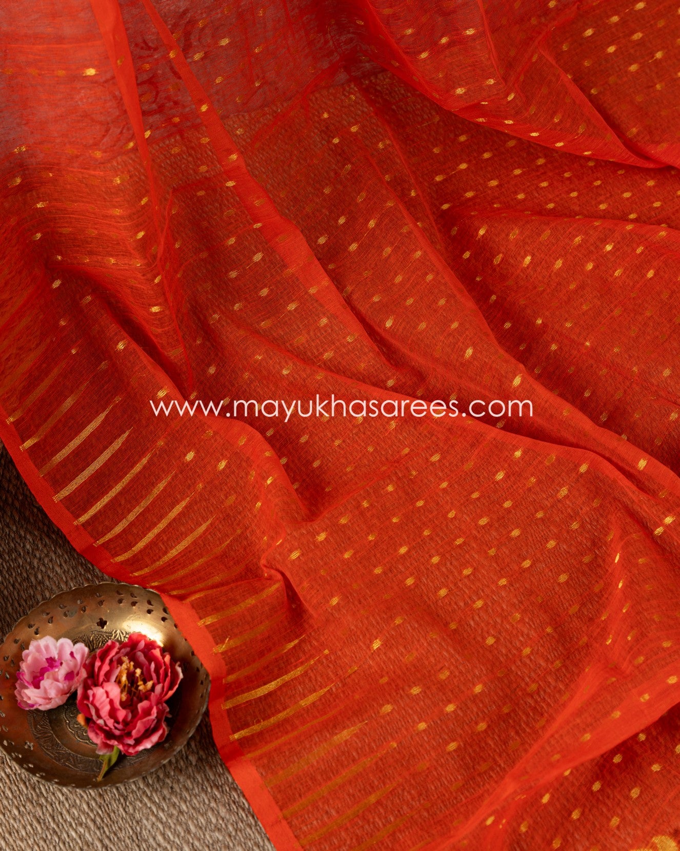 Resham Jamdhani Silk Saree With Rawsilk Printed Blouse - Orange And Multicolor