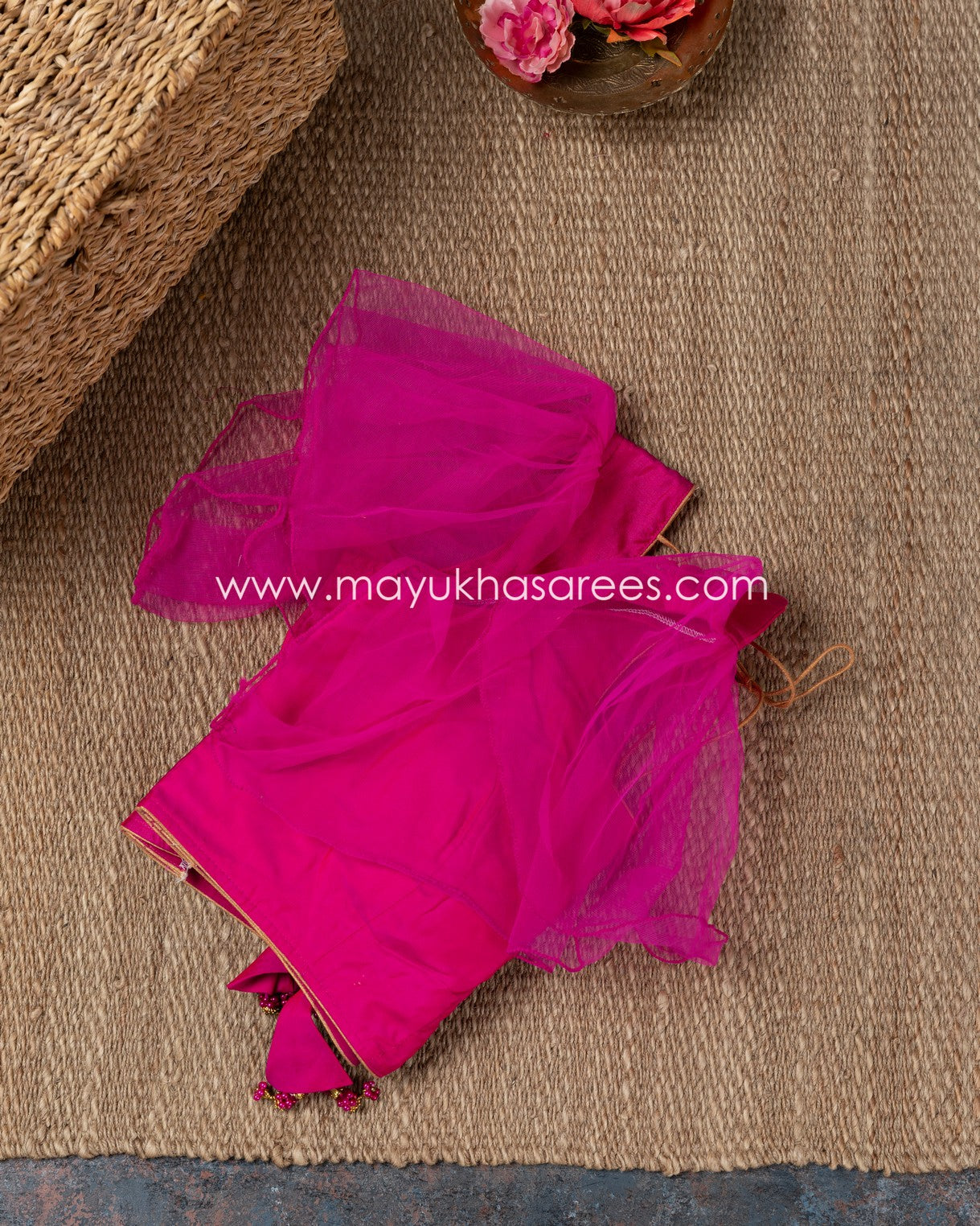 Resham Jamdhani Grey And Pink Saree With Stitched Custom Blouse