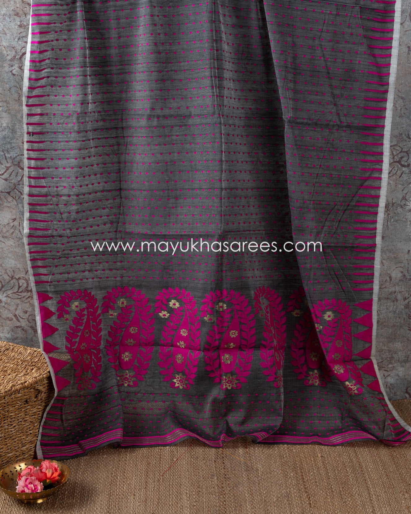 Resham Jamdhani Grey And Pink Saree With Stitched Custom Blouse