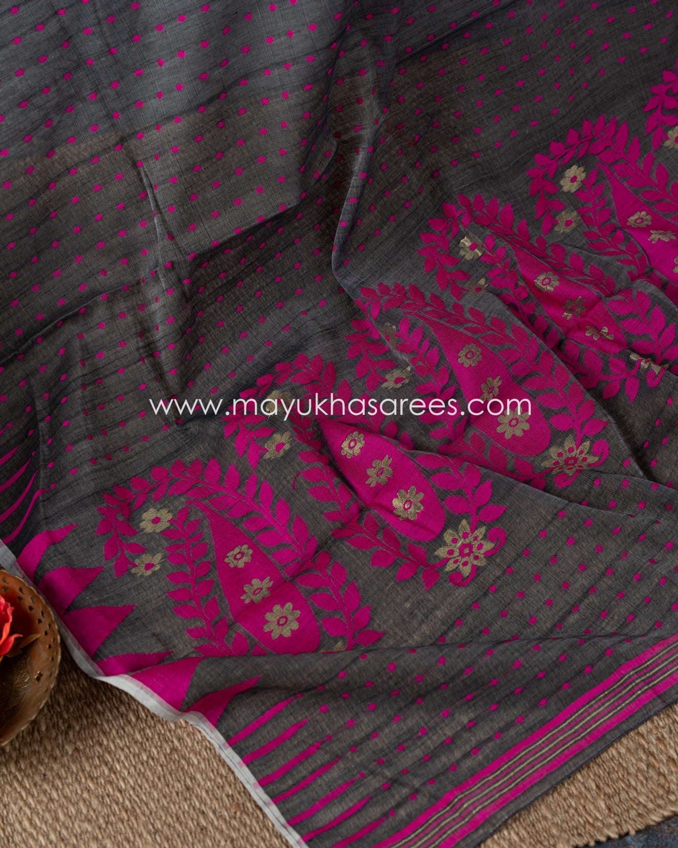 Resham Jamdhani Grey And Pink Saree With Stitched Custom Blouse