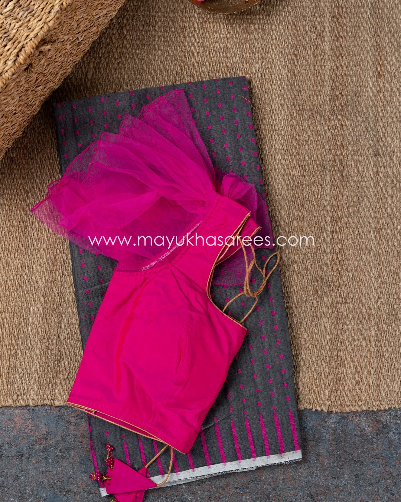 Resham Jamdhani Grey And Pink Saree With Stitched Custom Blouse