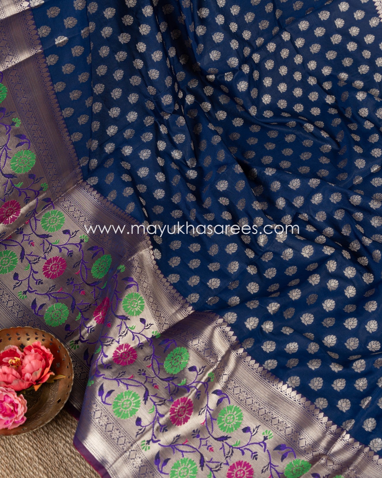 Navy Bliss: Banarasi Kora Saree With Paithani Borders And Stitched Custom Blouse