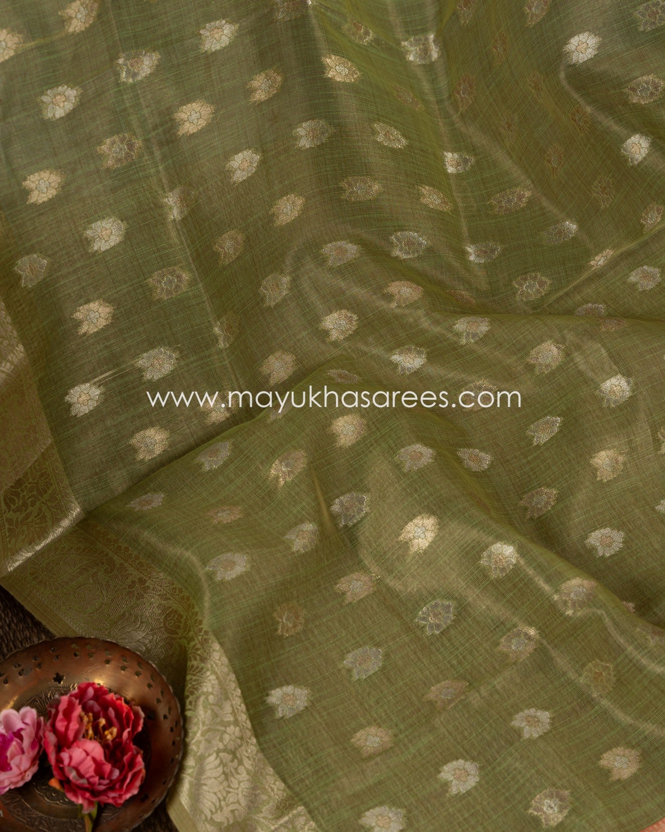 Emerald Dreams Banarasi Linen Silk Green And Orange Saree