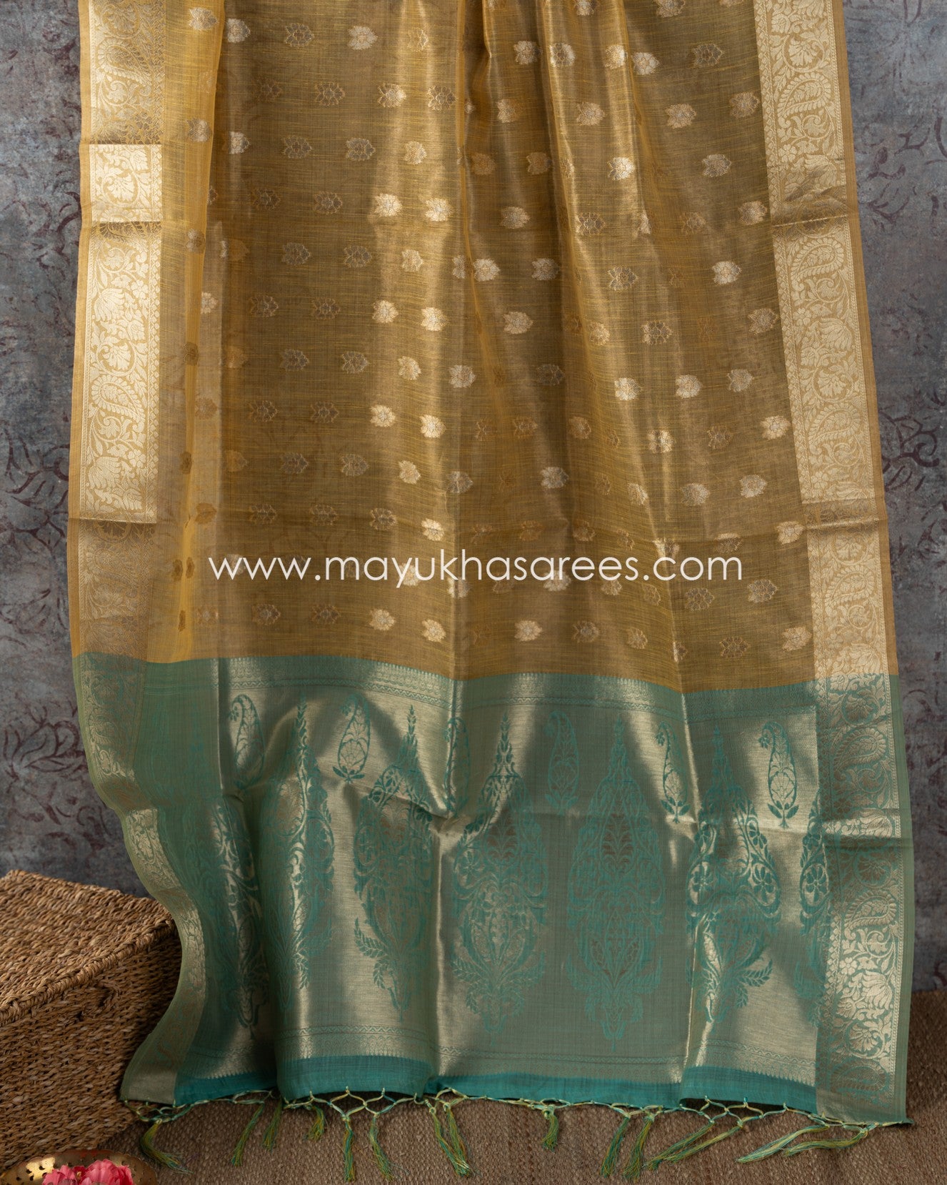 Golden Threads: Banarasi Linen Silk Yellow And Green Saree With Stitched Custom Blouse