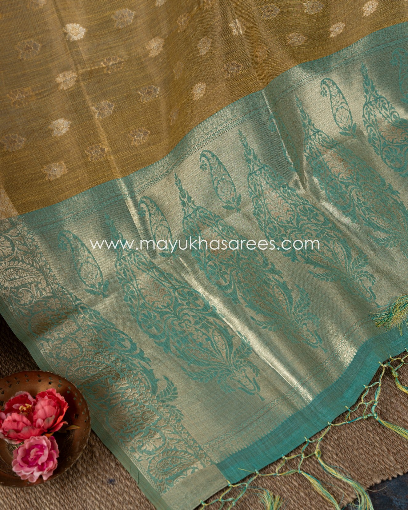 Golden Threads: Banarasi Linen Silk Yellow And Green Saree With Stitched Custom Blouse