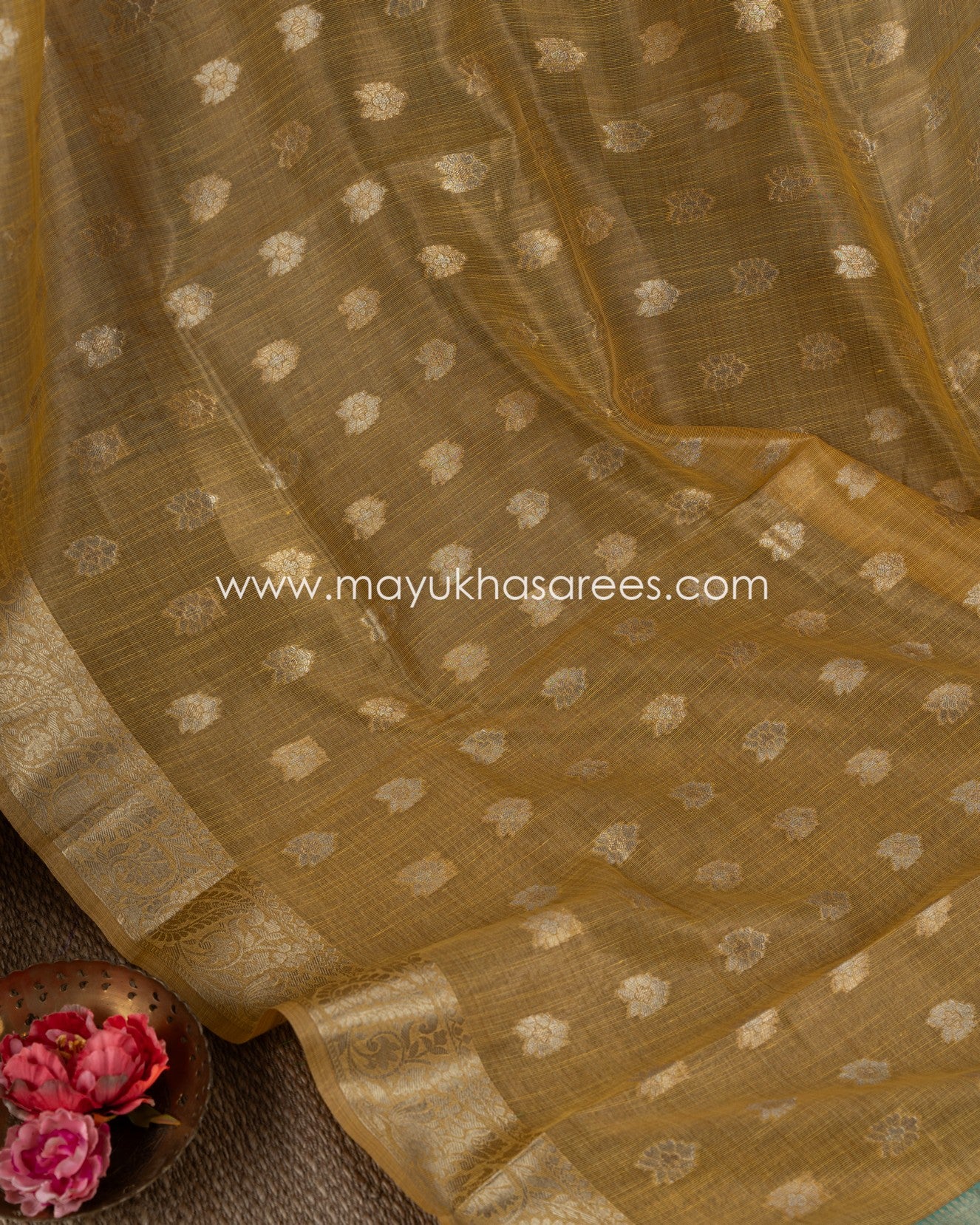 Golden Threads: Banarasi Linen Silk Yellow And Green Saree With Stitched Custom Blouse