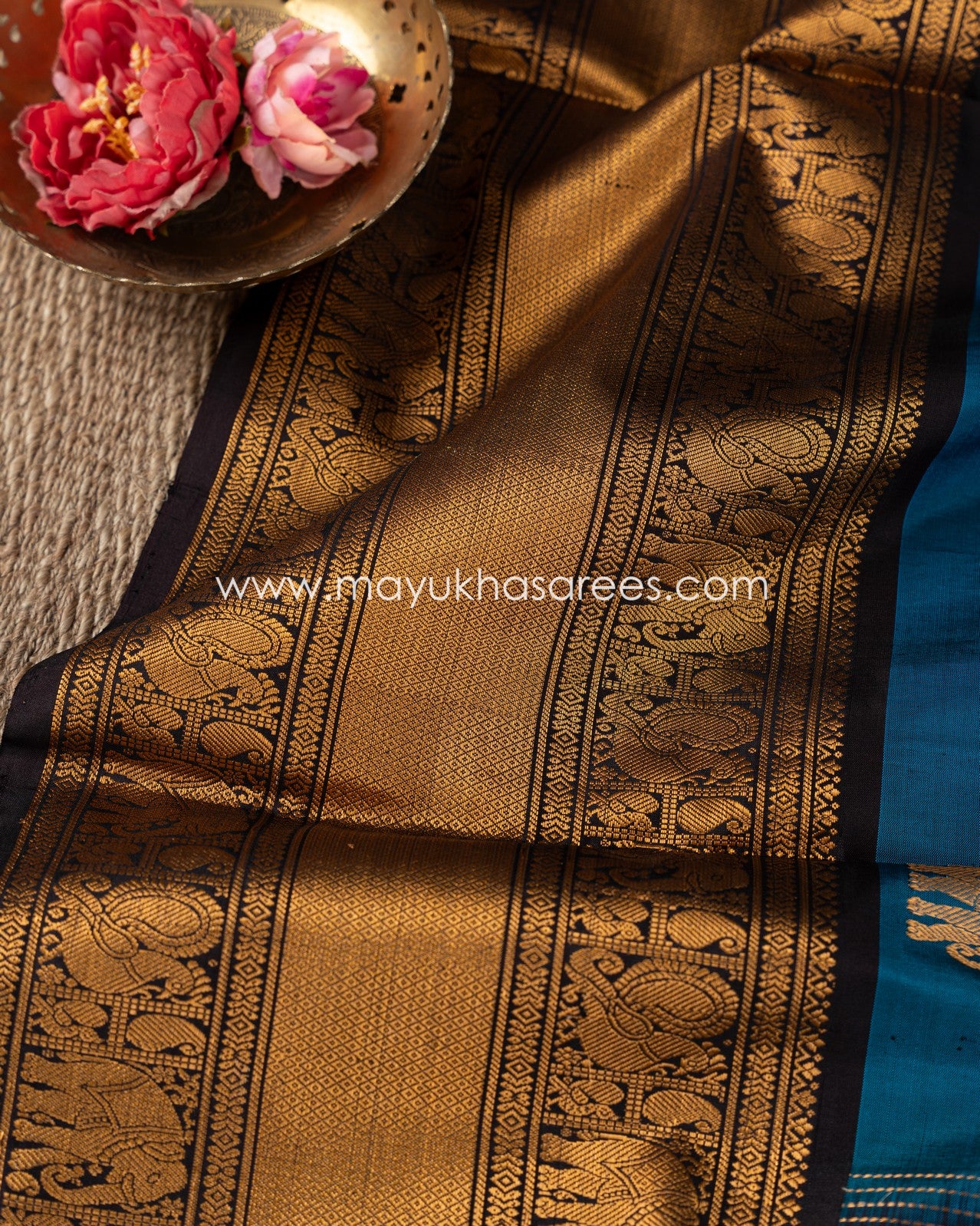 Copper Blossom: Gadwal Pure Silk Saree With Copper Borders