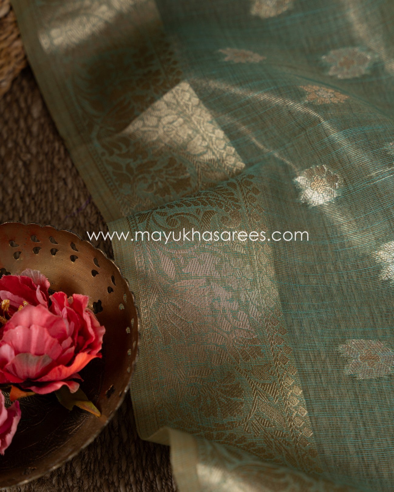 Emerald Dreams Banarasi Linen Silk Green And Orange Saree