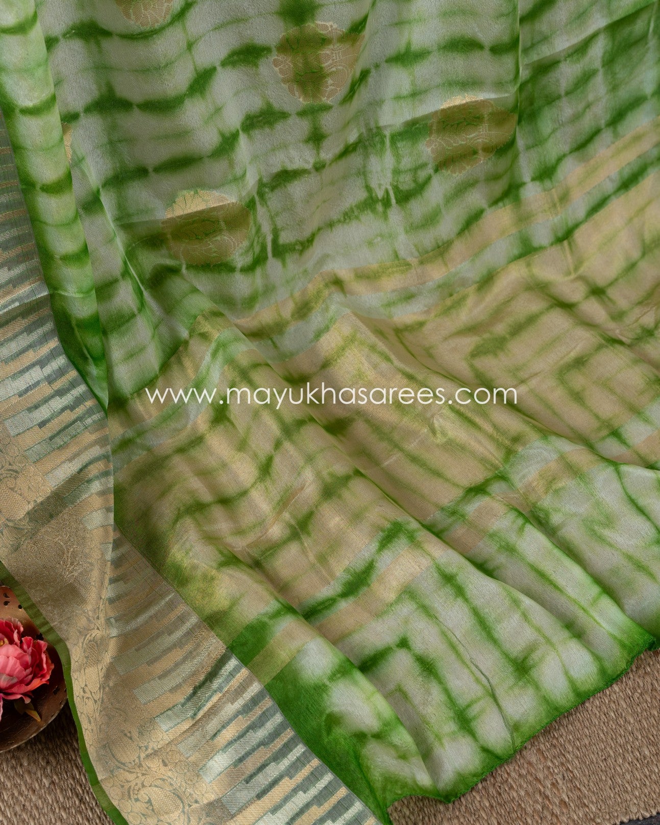 Shibori Dyes Banarasi Kora Saree With Stitched Custom Blouse Size 38-44