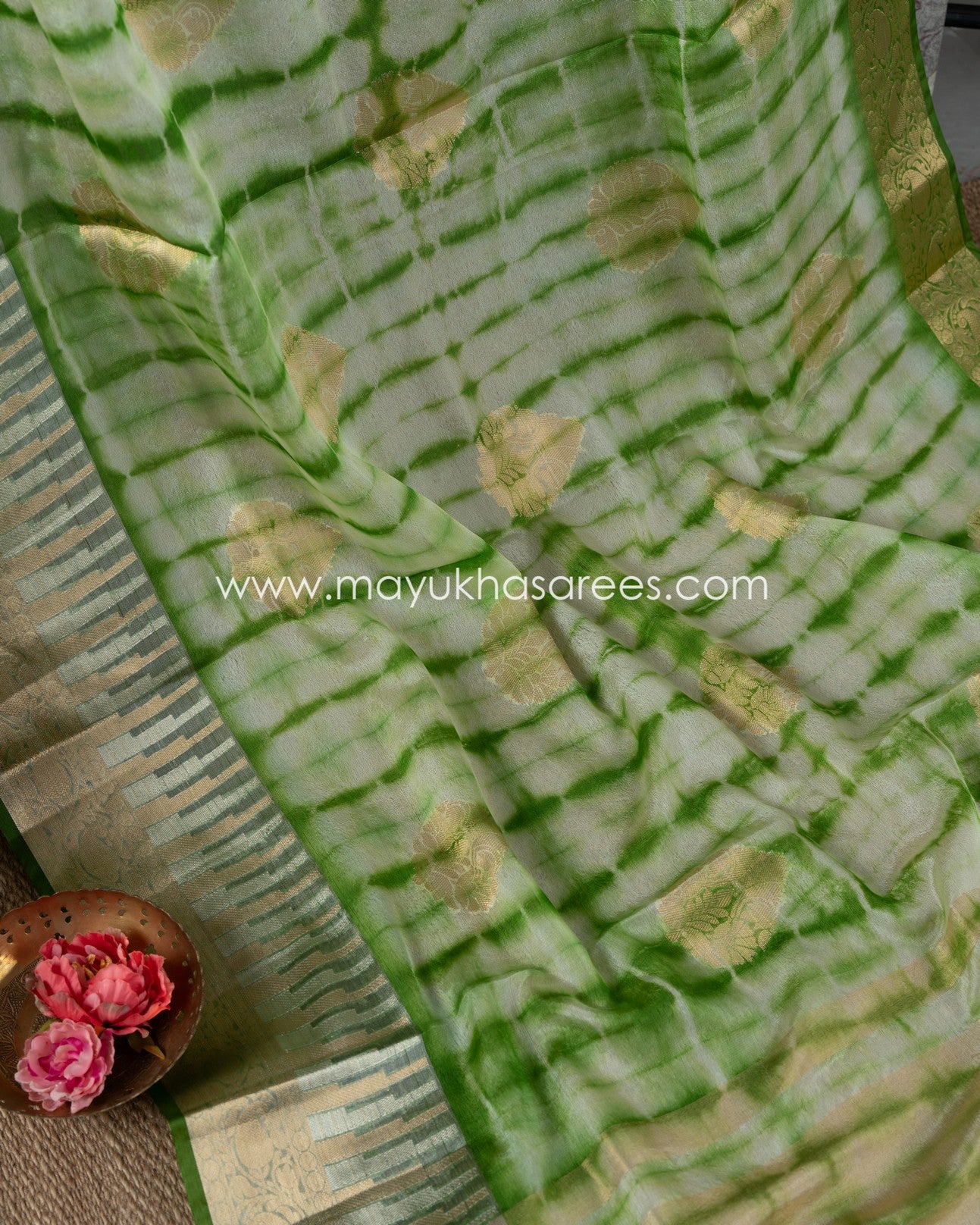 Shibori Dyes Banarasi Kora Saree With Stitched Custom Blouse Size 38-44