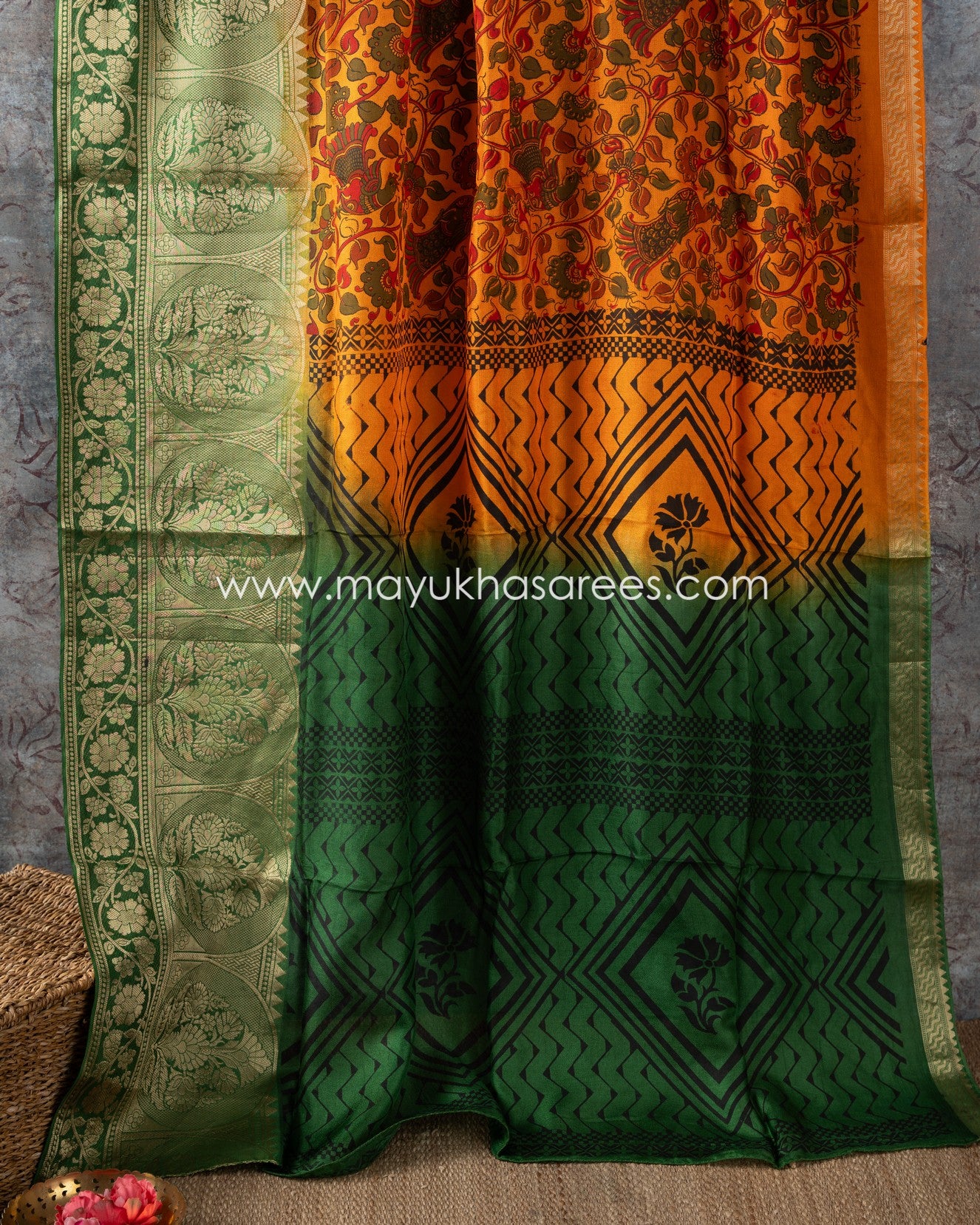 Munga Silk Kalamkari Orange And Green Saree With Stitched Custom Blouse