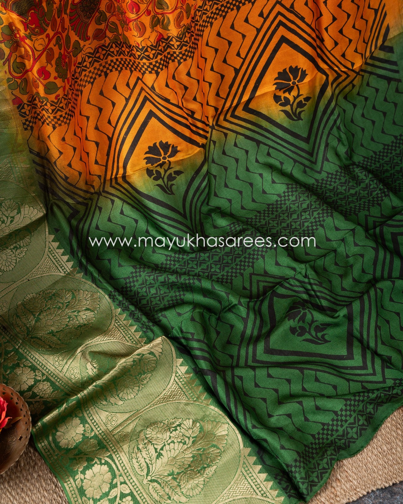Munga Silk Kalamkari Orange And Green Saree With Stitched Custom Blouse