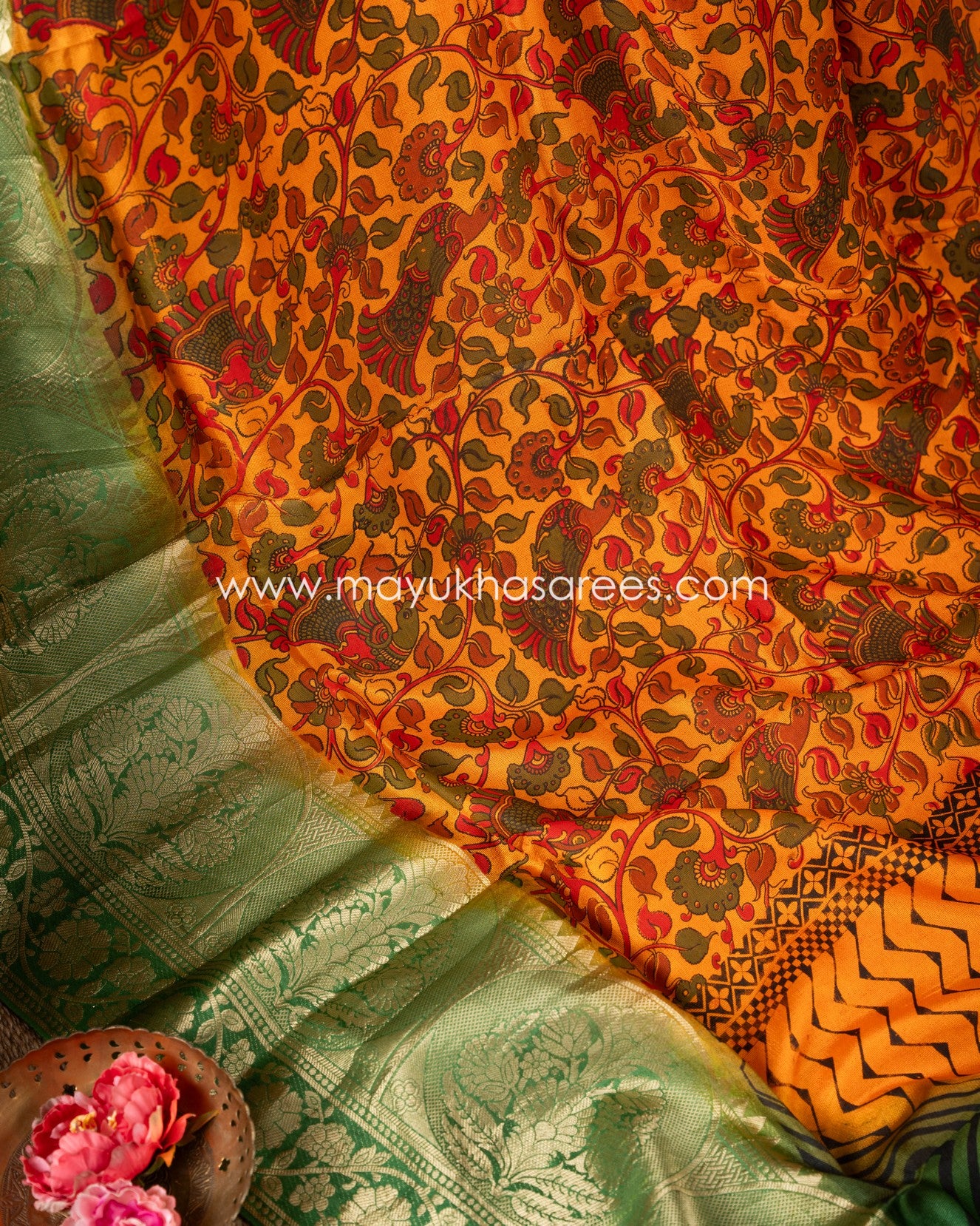 Munga Silk Kalamkari Orange And Green Saree With Stitched Custom Blouse