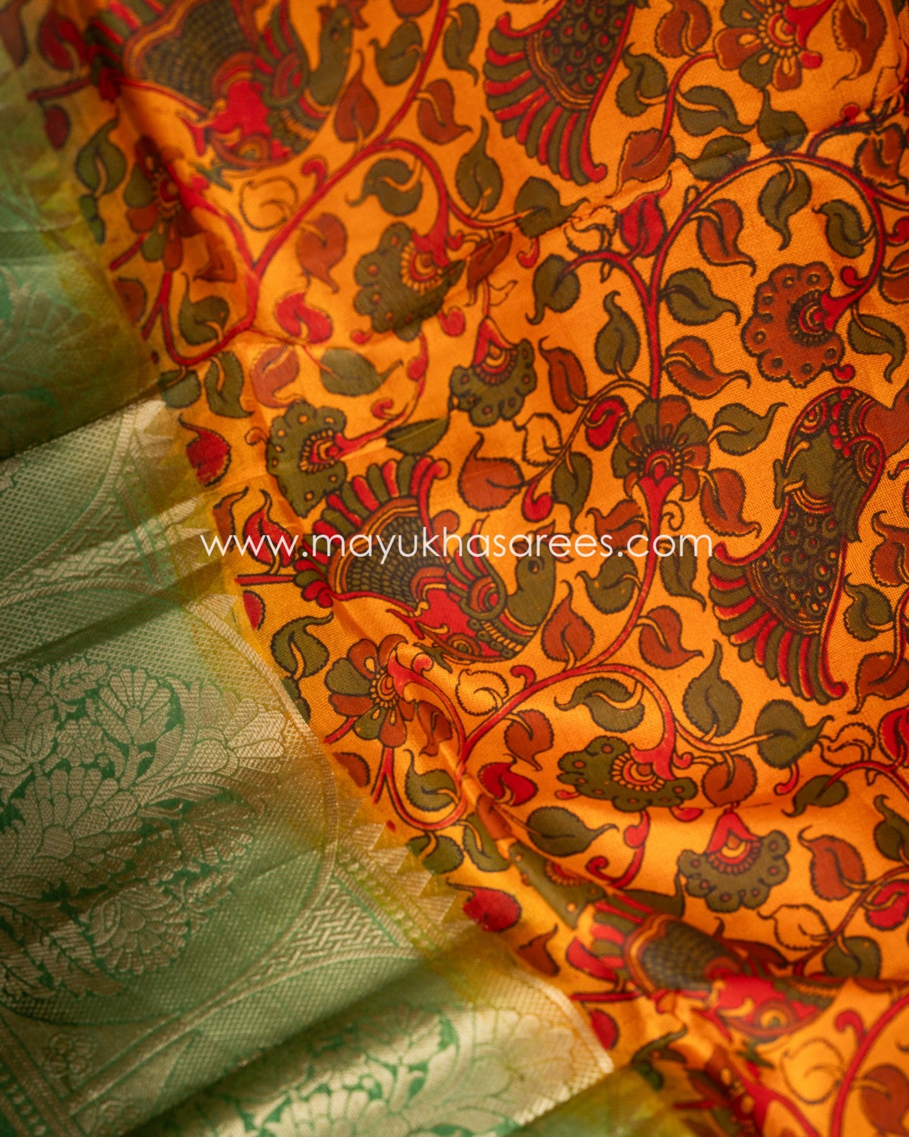 Munga Silk Kalamkari Orange And Green Saree With Stitched Custom Blouse