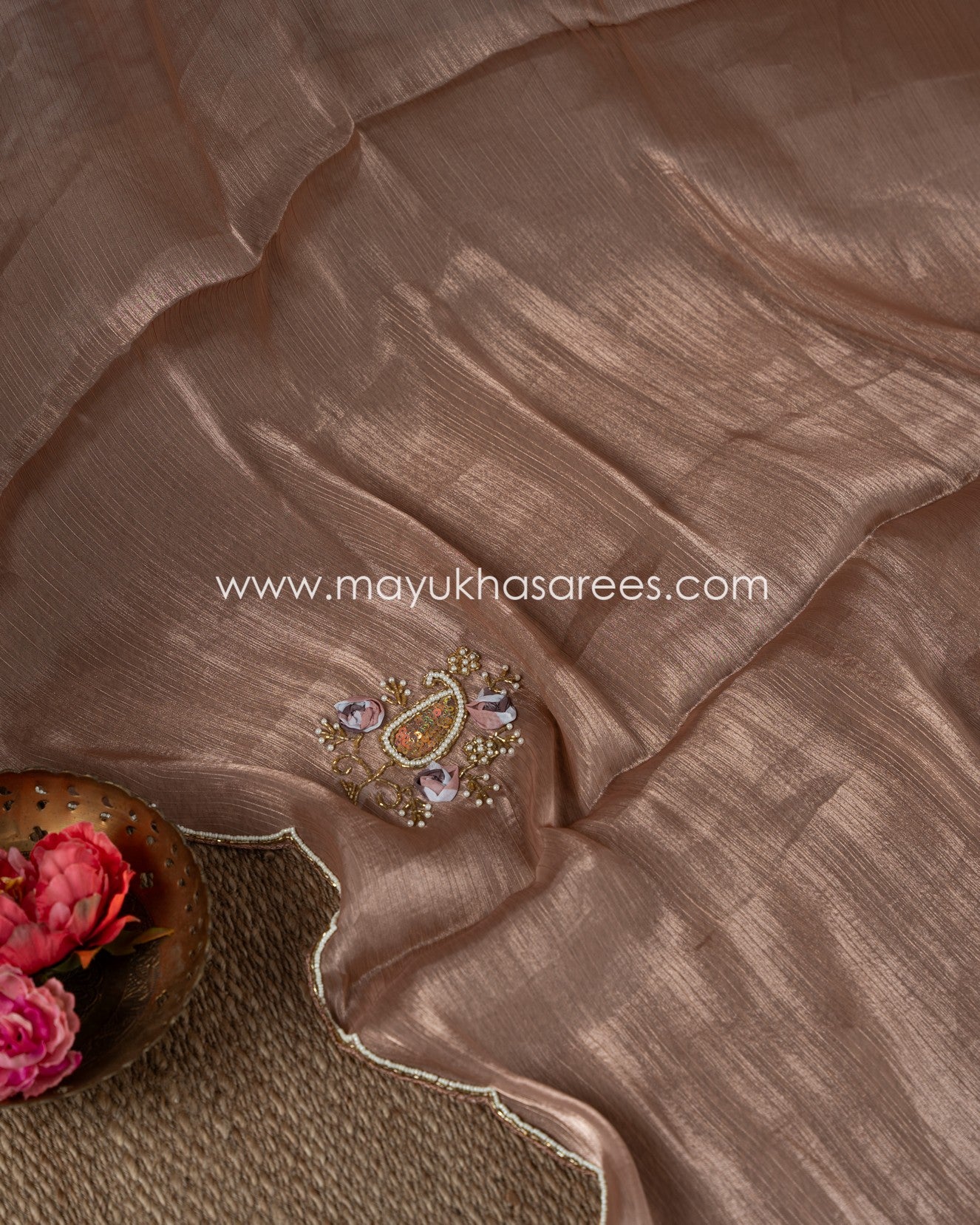 Mauve Shimmer Organza Saree With Hand Worked Borders And Beige Striped Blouse