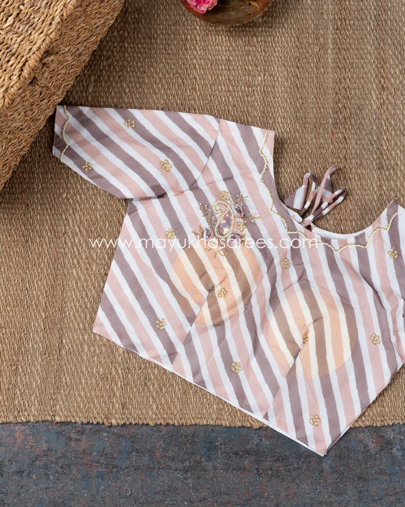 Mauve Shimmer Organza Saree With Hand Worked Borders And Beige Striped Blouse