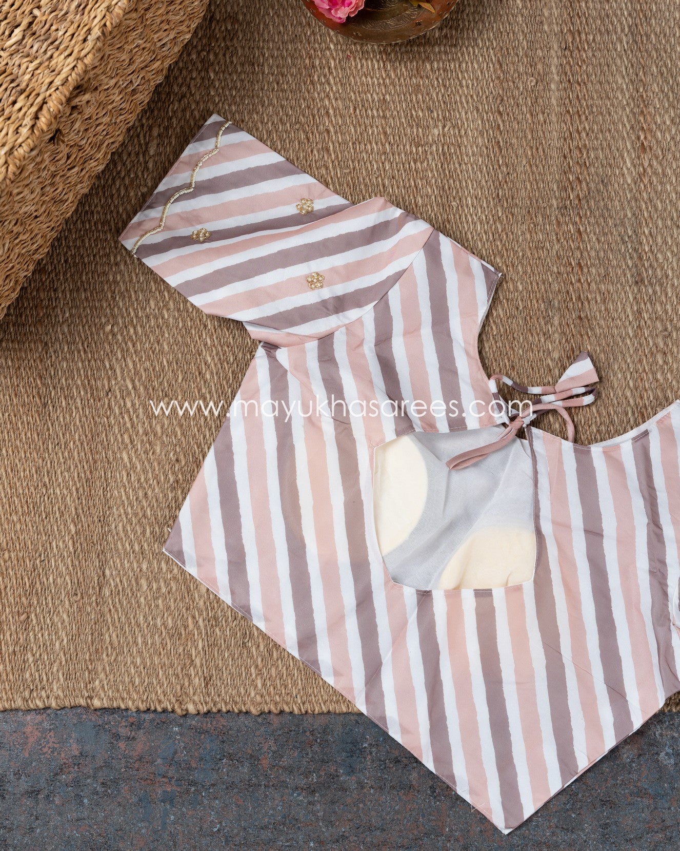 Mauve Shimmer Organza Saree With Hand Worked Borders And Beige Striped Blouse