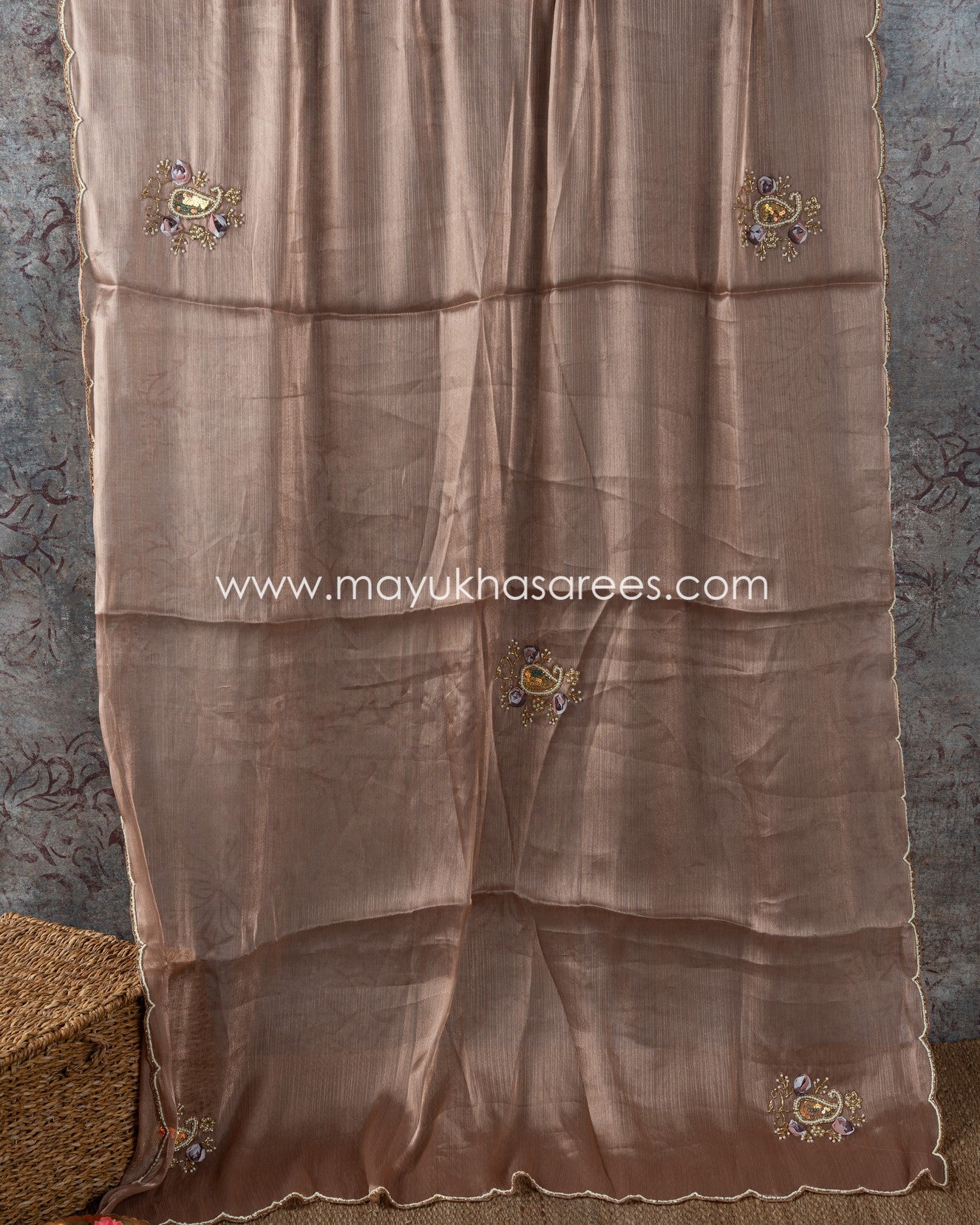 Mauve Shimmer Organza Saree With Hand Worked Borders And Beige Striped Blouse