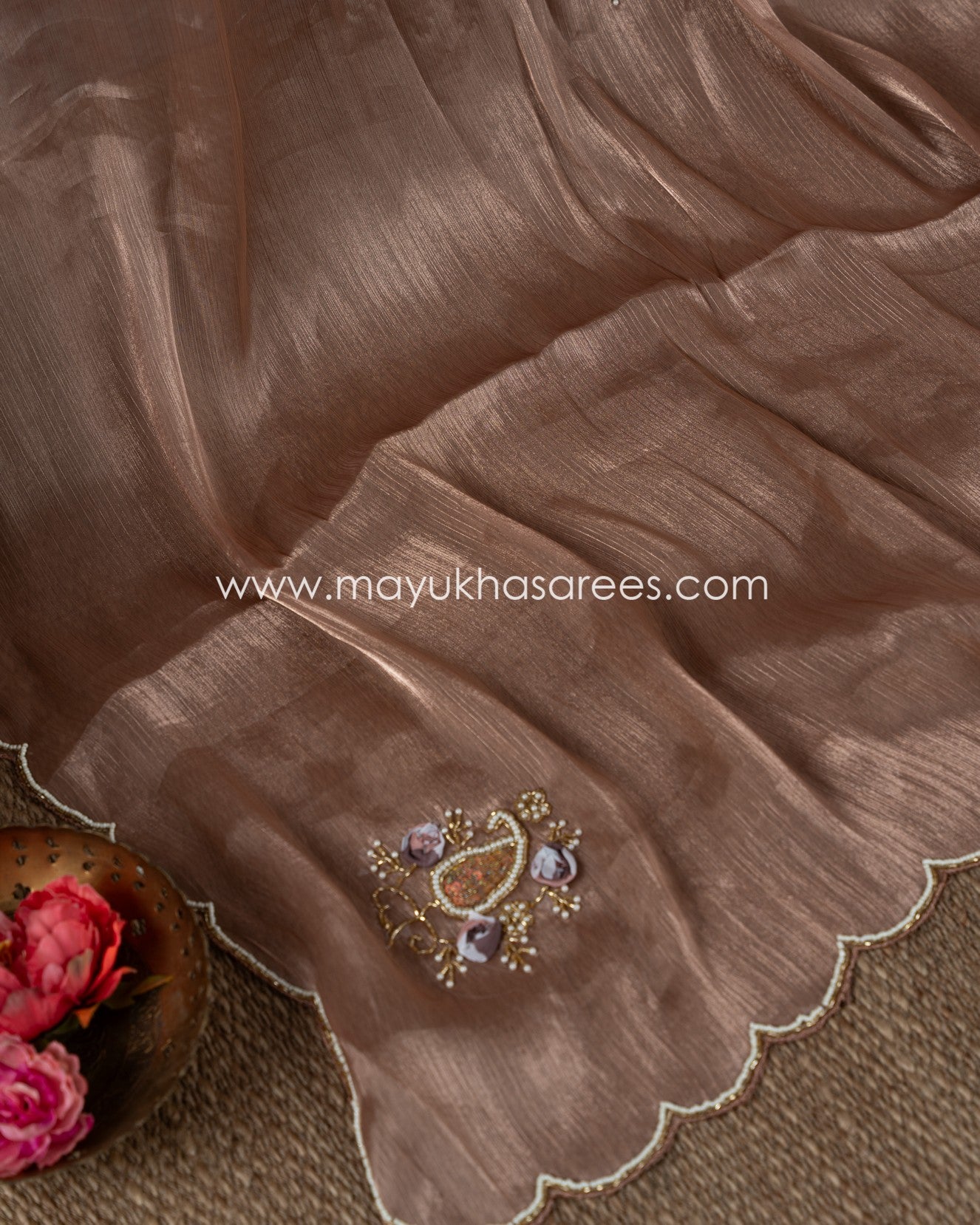 Mauve Shimmer Organza Saree With Hand Worked Borders And Beige Striped Blouse