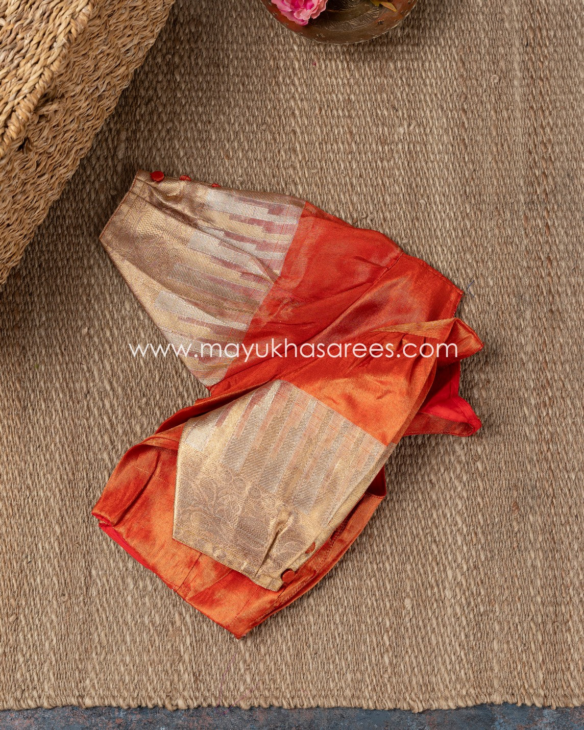 Shibori Dyes Orange And Beige Banarasi Kora Saree With Stitched Custom Blouse