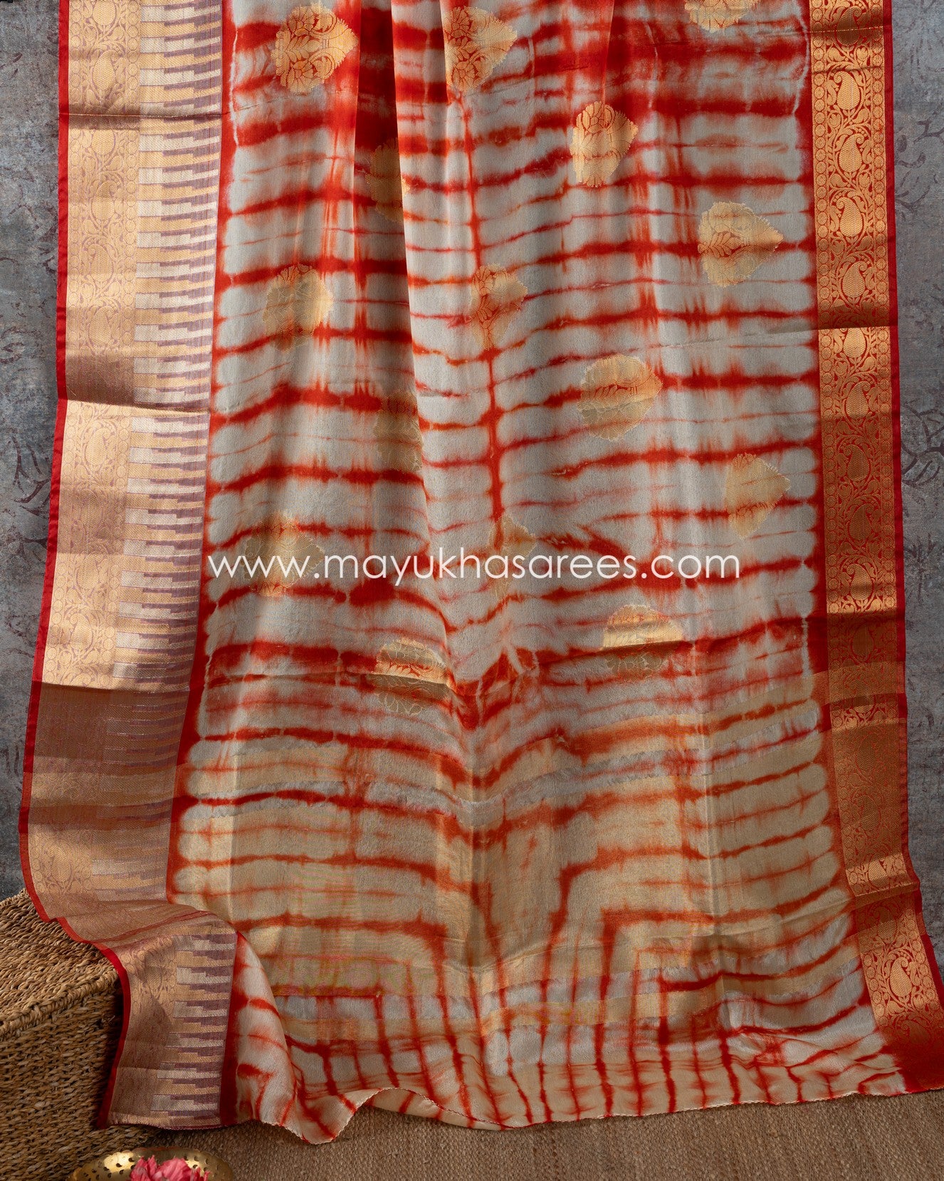 Shibori Dyes Orange And Beige Banarasi Kora Saree With Stitched Custom Blouse
