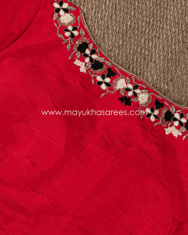 Shibori Elegance: Black And Red Gorgette Saree With Stitched Custom Rawsilk Blouse