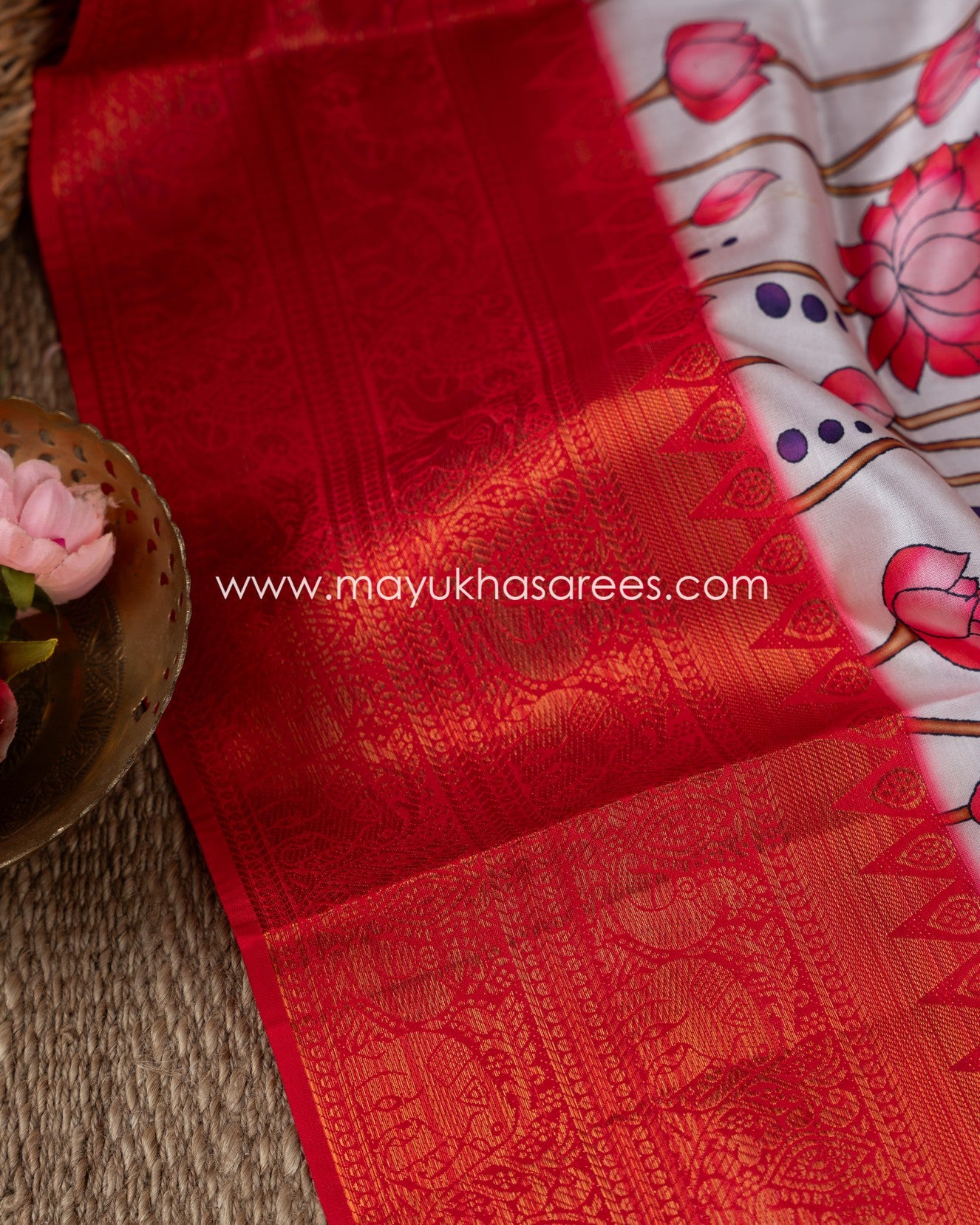 Pichwai Prints Beige And Pink Munga Silk Saree With Stitched Custom Blouse