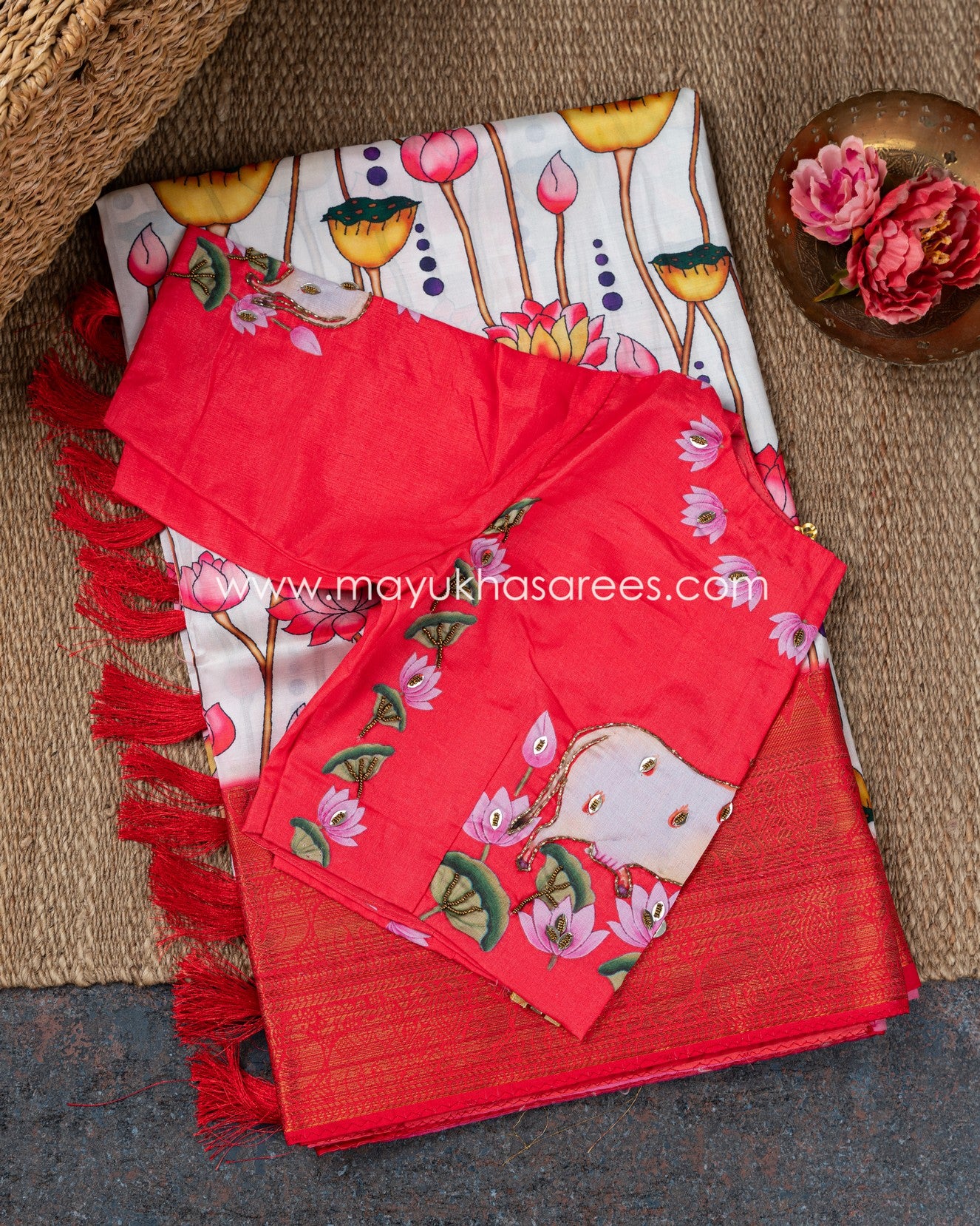 Pichwai Prints Beige And Pink Munga Silk Saree With Stitched Custom Blouse