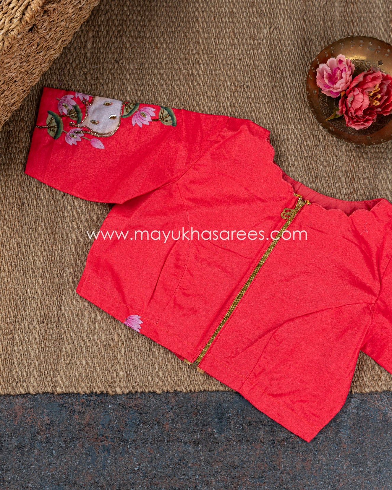 Pichwai Prints Beige And Pink Munga Silk Saree With Stitched Custom Blouse