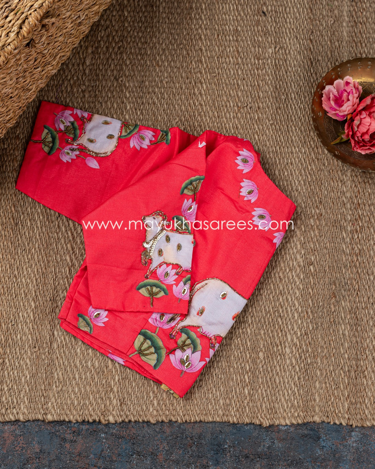 Pichwai Prints Beige And Pink Munga Silk Saree With Stitched Custom Blouse