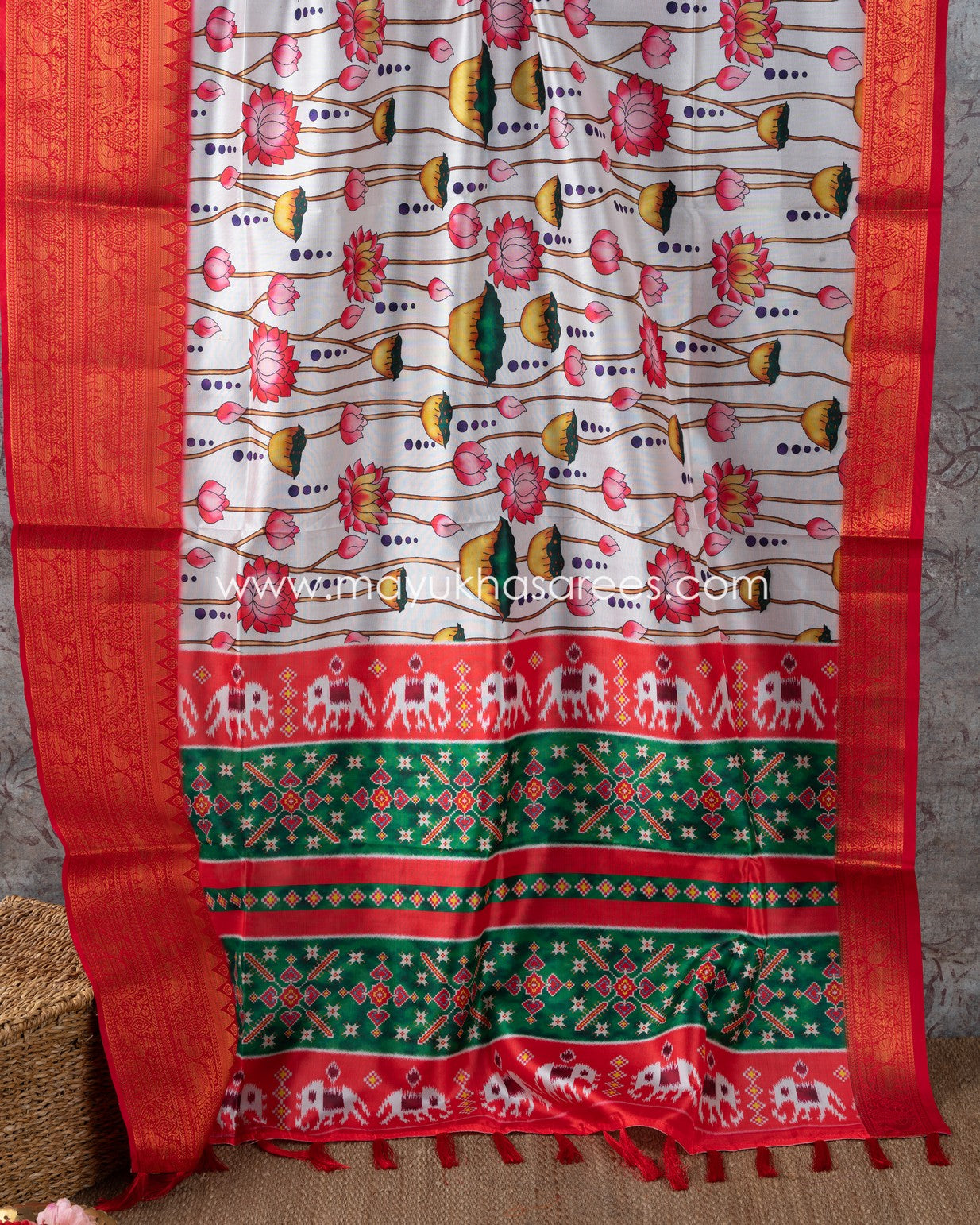 Pichwai Prints Beige And Pink Munga Silk Saree With Stitched Custom Blouse