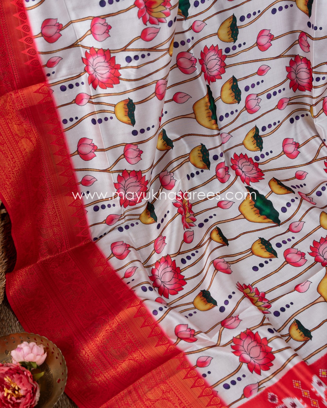 Pichwai Prints Beige And Pink Munga Silk Saree With Stitched Custom Blouse