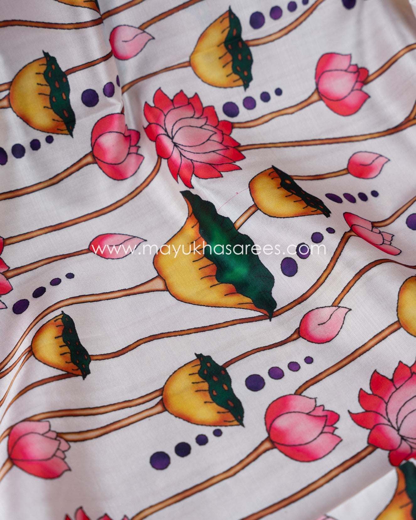Pichwai Prints Beige And Pink Munga Silk Saree With Stitched Custom Blouse