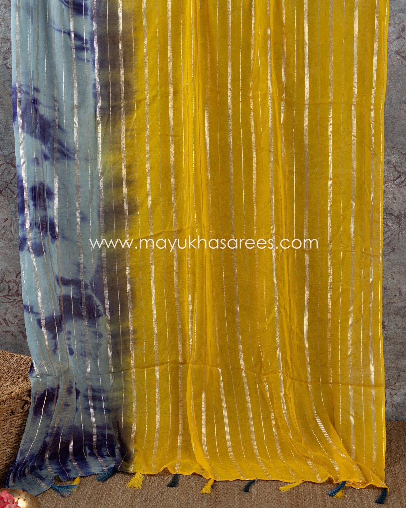 Shibori Magic: Stitched Custom Blouse Saree Collection In Yellow, Grey, Navy