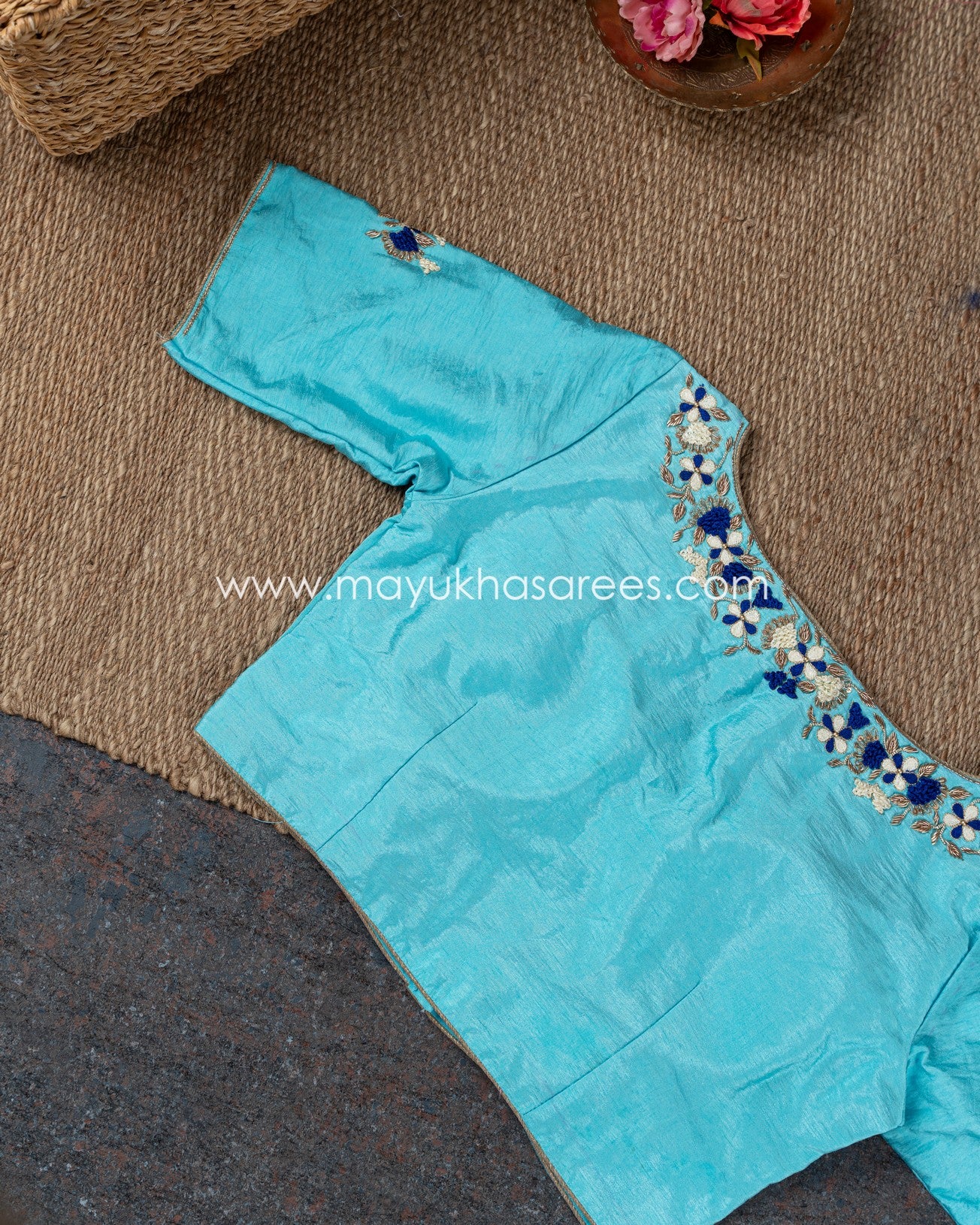 Stitched Custom Couture Collection: Navy Blue Shibori Silk Saree With Rawsilk Maggam Blouse