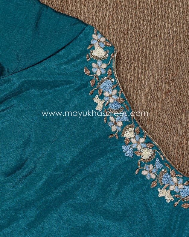 Ombre Hues Silk Saree Set: Blue And Teal With Rawsilk Blouse
