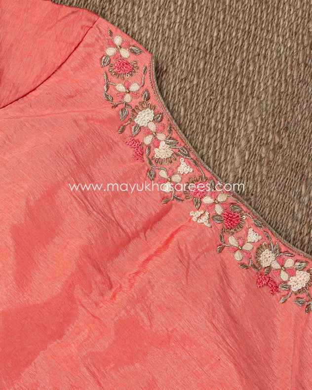 Ombre Hues Silk Saree Set: Peach And Orange With Rawsilk Blouse