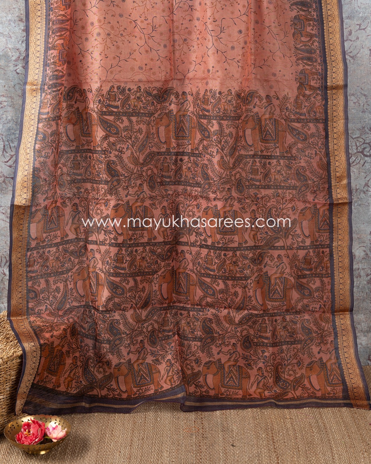 Peach And Navy Blue Tassae Tassar Saree With Chikankari Gorgette Blouse