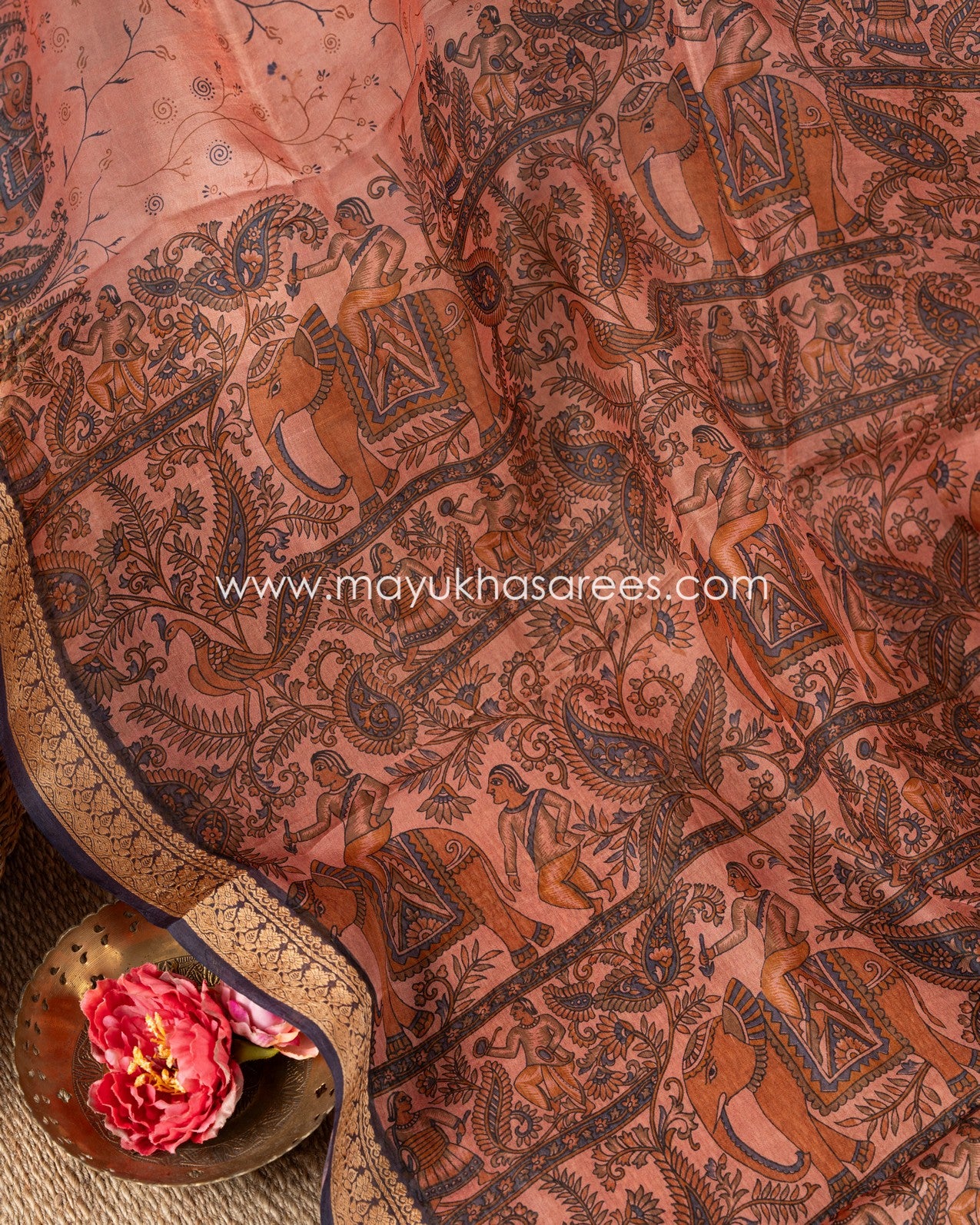Peach And Navy Blue Tassae Tassar Saree With Chikankari Gorgette Blouse