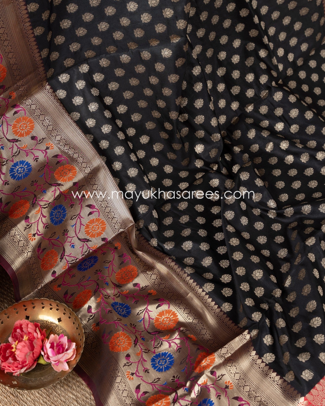 Mayukha Sarees Boutique - Black And Red Banarasi Kora Saree With Paithani Borders And Stitched Custom Blouse Size 38-44