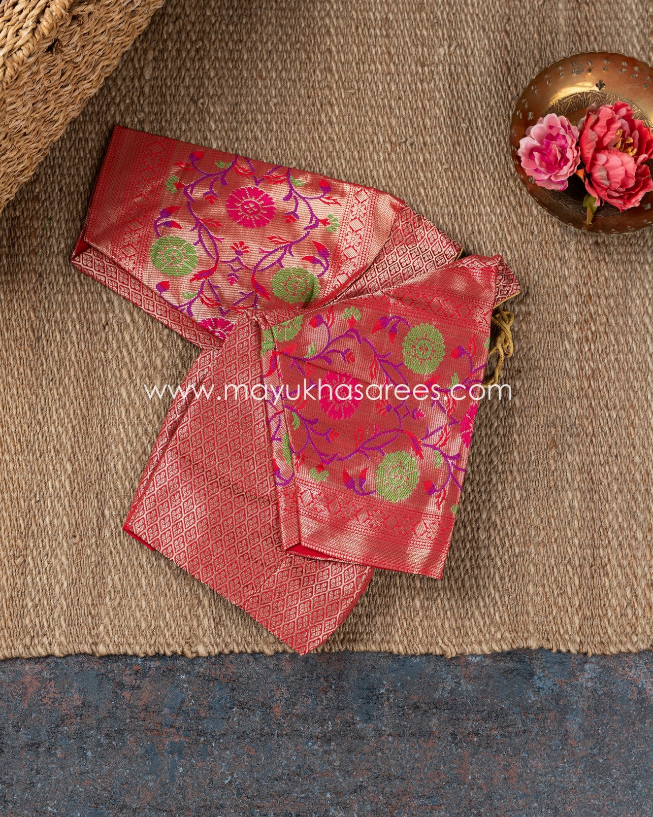 Emerald Elegance: Banarasi Kora Saree With Paithani Borders, Green And Red