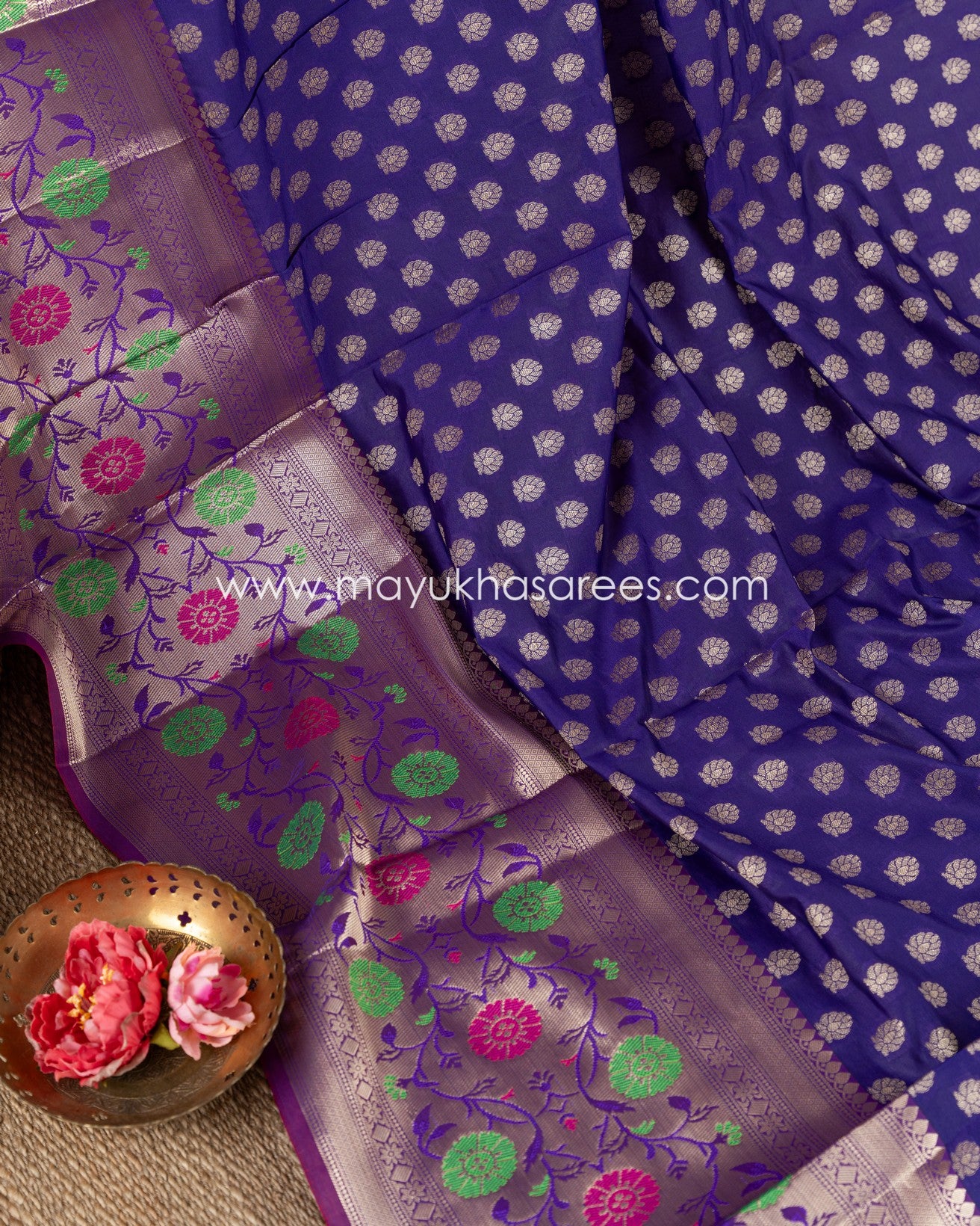 Purple And Red Banarasi Kora Saree With Paithani Borders And Stitched Custom Blouse